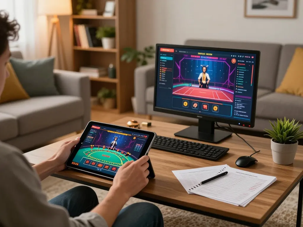 Engaged player enjoying games at 3win.com on tablet with strategic notes, cozy home setup