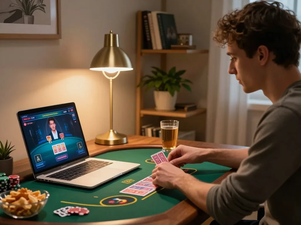 Player exploring live dealer games on hay88x from a cozy home setup, showcasing online casino ambiance.