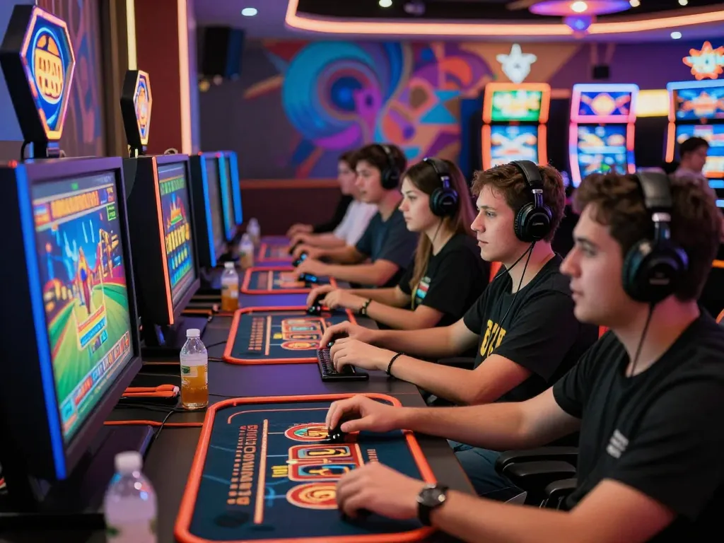 Players enjoying diverse games at QE8 online casino, showcasing excitement and vibrant graphics.