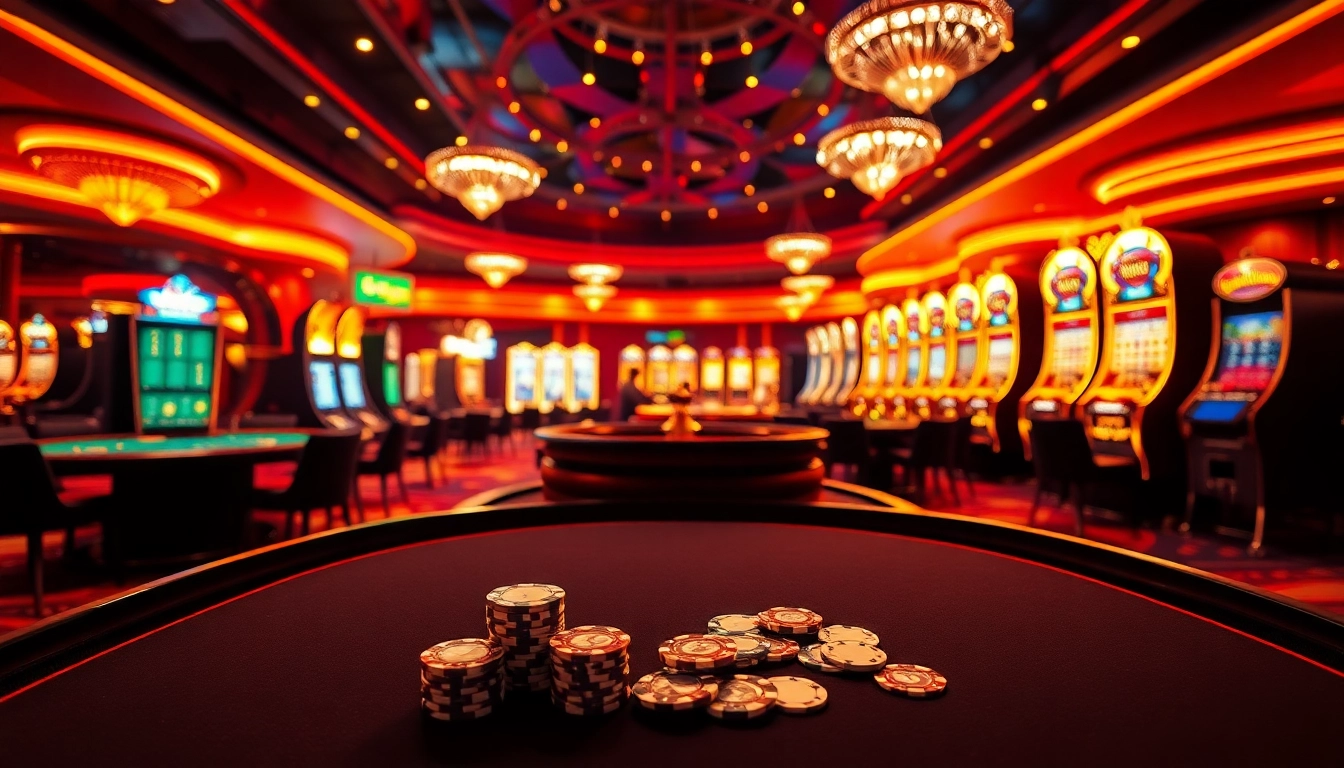 Engaging scene of Liên minh KJC casino experience showcasing poker chips and spinning roulette wheels.