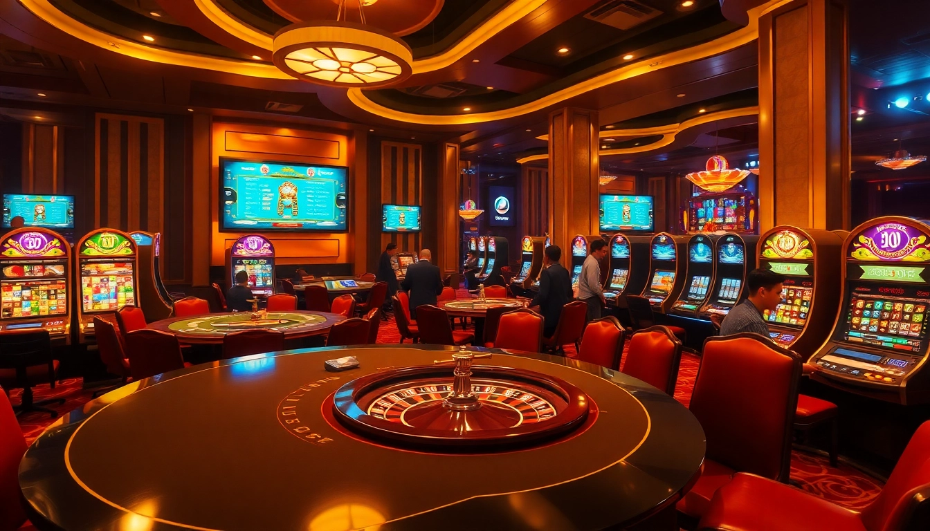Experience the thrill of online gambling at https://winvn.wiki with a bustling casino scene featuring poker, roulette, and slot machines.