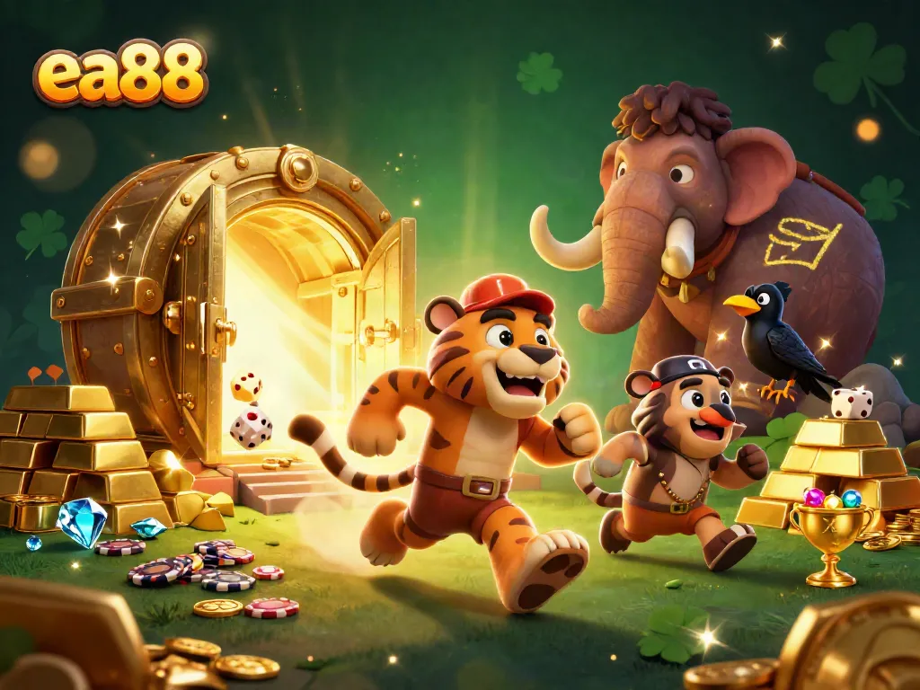 Experience the thrill of ea88 with a lively prehistoric casino scene featuring cavemen and treasures.
