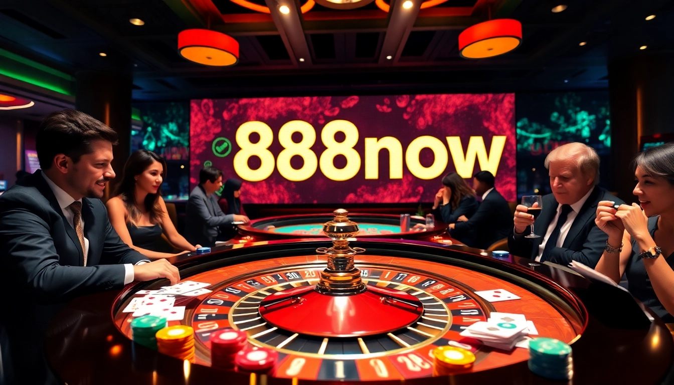 Casino players experiencing the thrill of games with 888now illuminated, showcasing excitement and engagement.