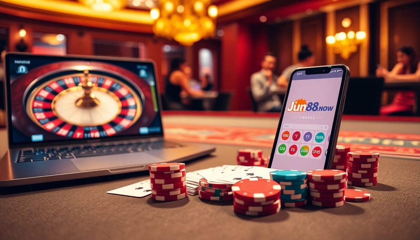 Experience the excitement of gambling at Jun88.now with a vibrant casino scene featuring poker chips and cards.