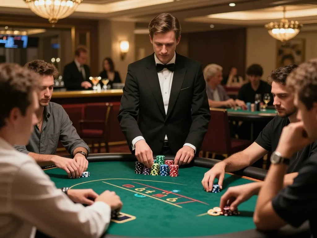 Action-packed poker game at upscale casino with live betting at table in focus, featuring players at https://www.bearcreekwatershed.org/macroinvertebrates.