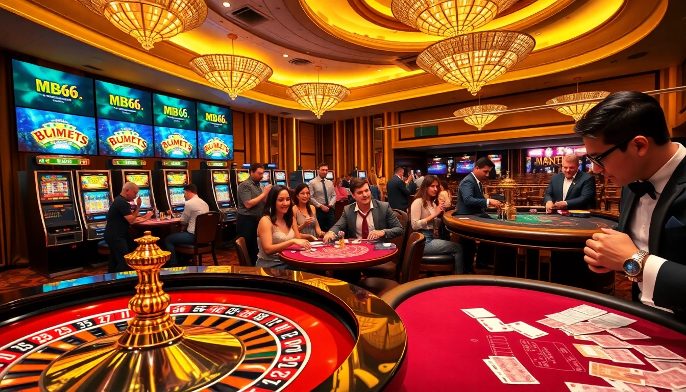 MB66 guests celebrating wins at a vibrant casino with roulette and slot machines