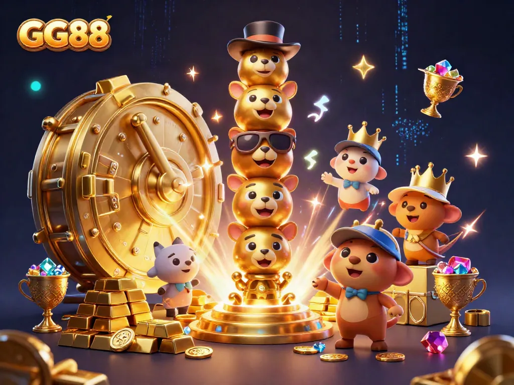 The GG88 totem pole surrounded by treasure and casino elements, representing an exciting gaming experience.