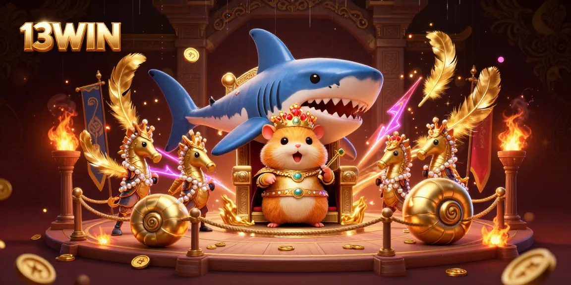 13WIN showcases a dramatic 3D casino scene; a tiny king on a shark throne leads royal guard action.