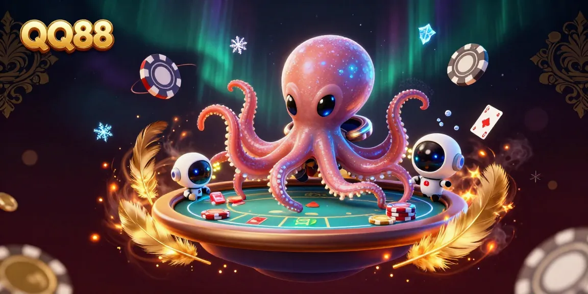Experience the excitement of QQ88 with an intergalactic alien octopus playing poker in a vibrant casino scene.