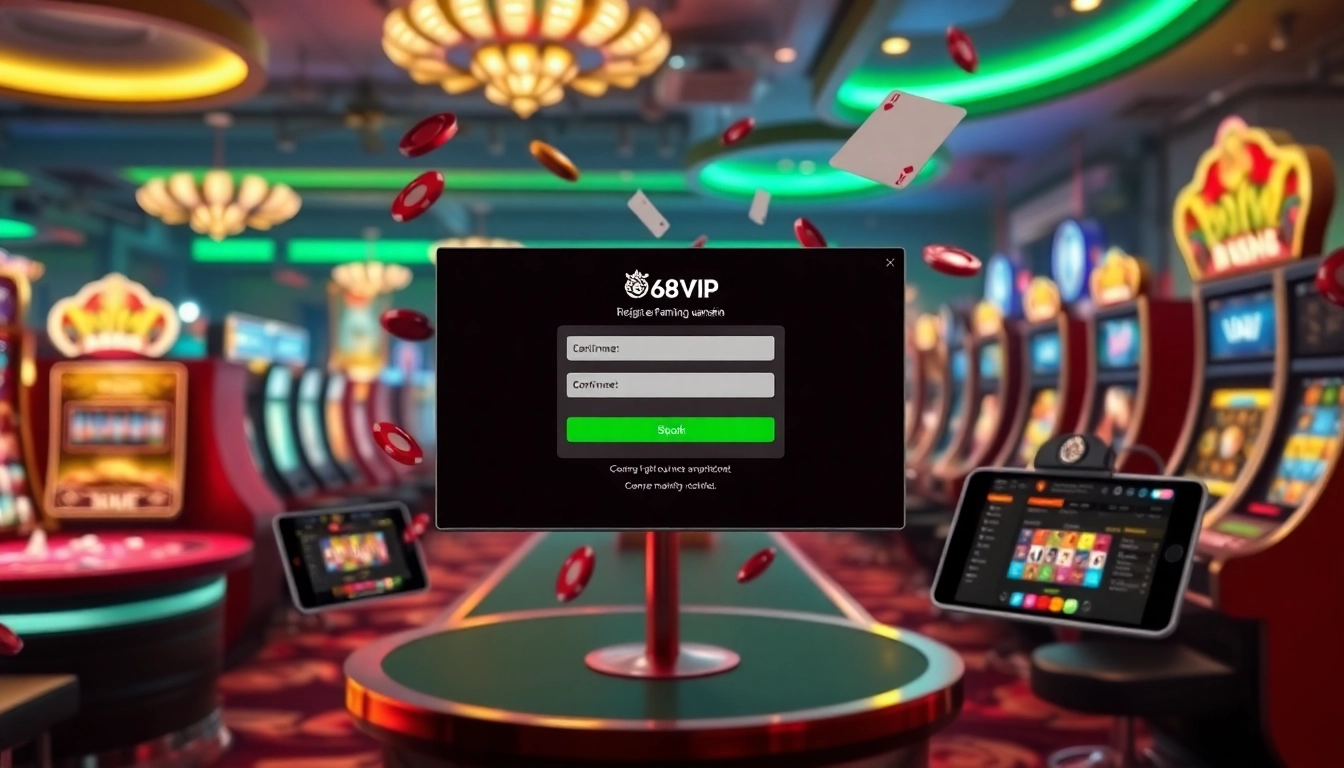 Register at Đăng Ký Nhà Cái 68VIP with exciting casino imagery, showcasing vibrant tables and user-friendly screens.