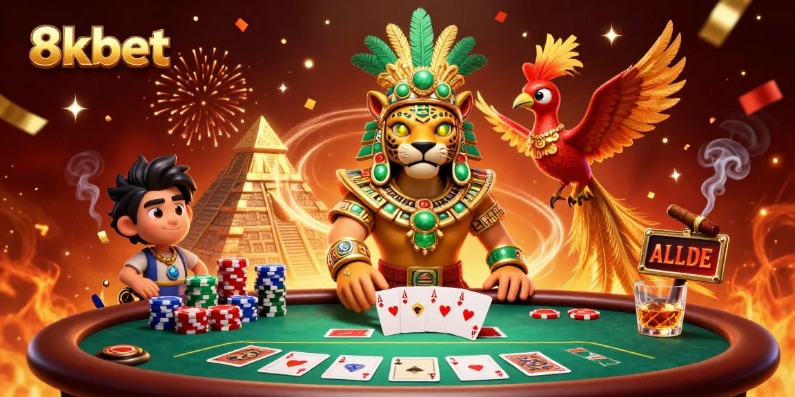 Experience thrilling gameplay at 8xbet with vibrant casino scenes featuring poker and festive elements.
