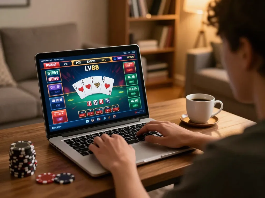 Engaged player enjoying LV88 online casino gaming from a cozy home setup, highlighting the excitement of virtual betting.