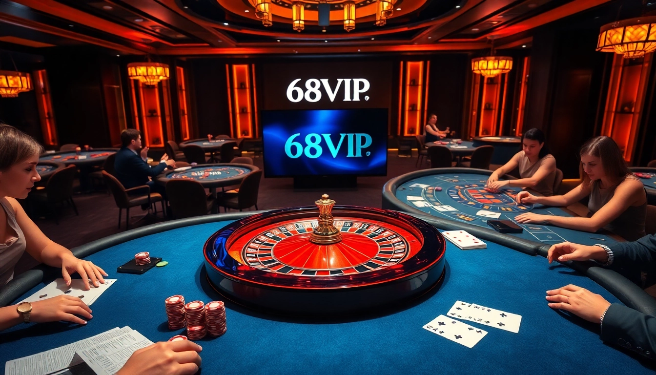 Engaging scene of 68VIP casino tables showcasing poker chips and betting slips.