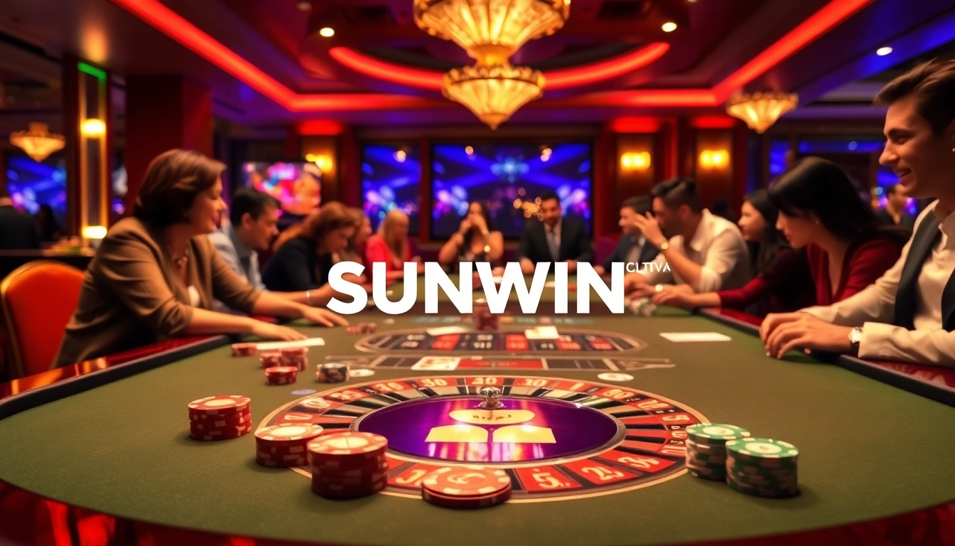 Engage with SUNWIN's exciting casino gameplay featuring vibrant poker chips and a spinning roulette wheel.