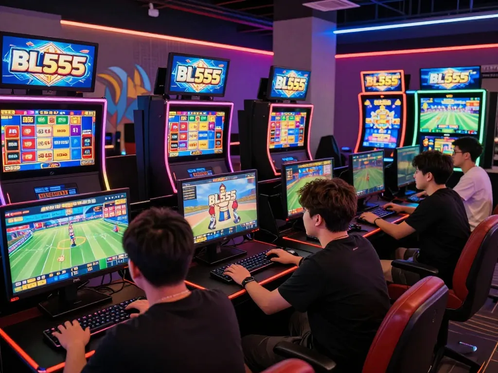 Players enjoying thrilling online gaming at BL555, showcasing vibrant casino graphics and immersive atmosphere.