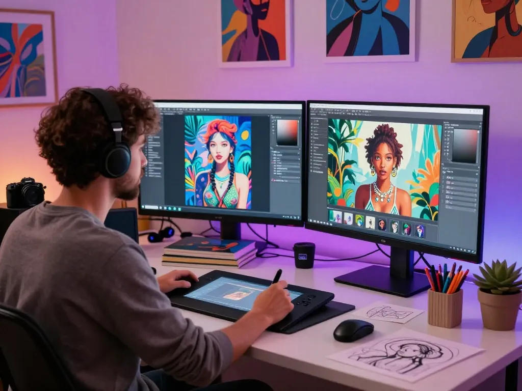 Artist designing AI porn visuals in a vibrant digital studio.