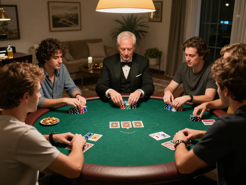 Engaging poker night with friends enjoying BJ88, lively atmosphere around a round table.