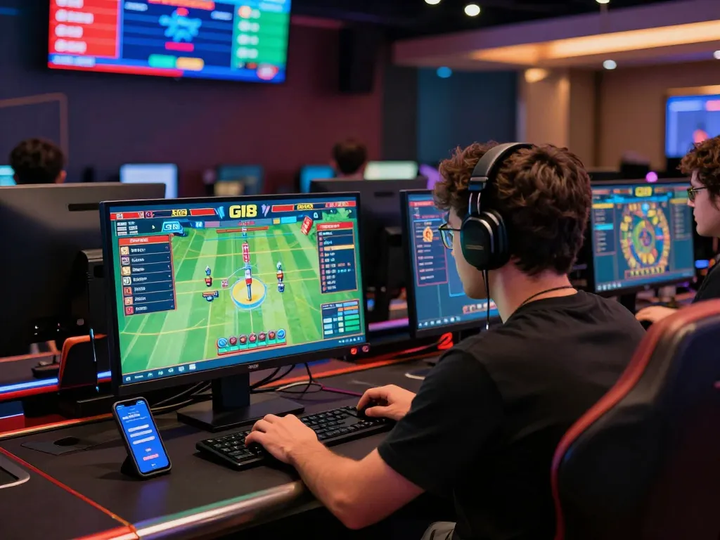 Engaging with the GI8 online casino platform for sports betting, modern gaming setup with multiple screens.