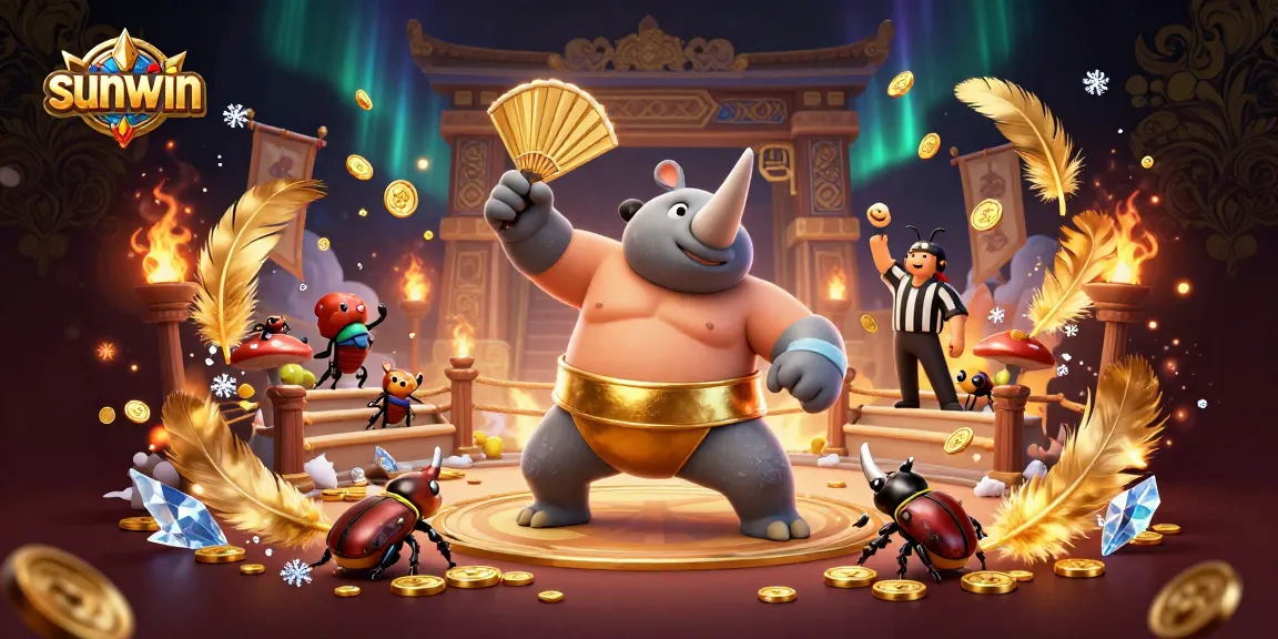 Sunwin's epic illustration of a powerful beetle champion amidst flying coins in a vibrant casino setting.