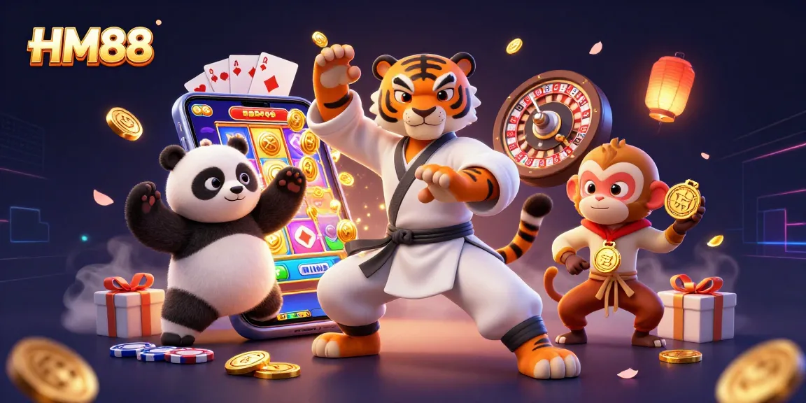 HM88 engages players with a lively 3D casino scene featuring interactive elements like slot games and playful character dynamics.