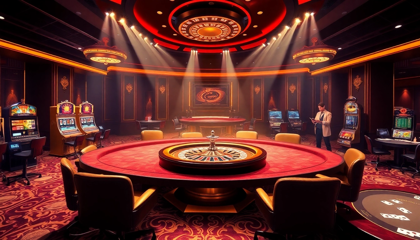 Experience luxury gaming at https://jun88pl.com/, showcasing vibrant poker tables and slot machines in a top-tier casino.