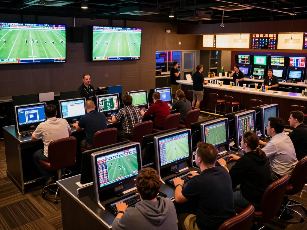 Fans enthusiastically engaging in sports betting at the footballl sportsbook with live game screens
