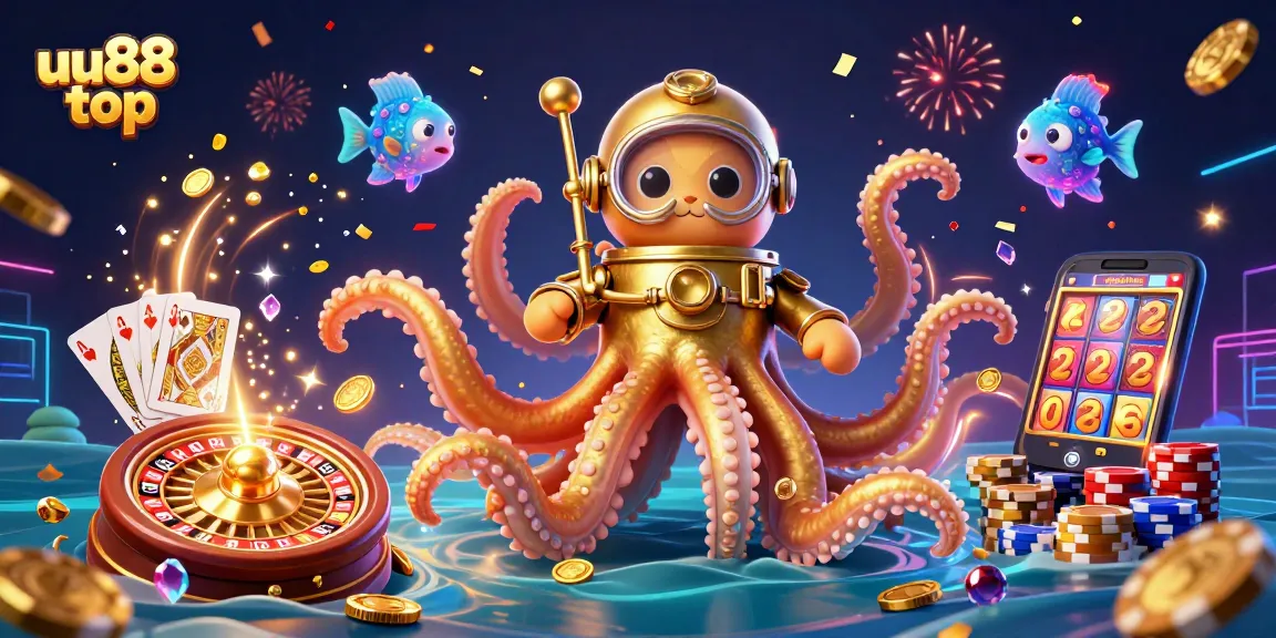 Experience the thrill of gambling at uu88 top with vibrant 3D illustration featuring golden coins and a kraken.