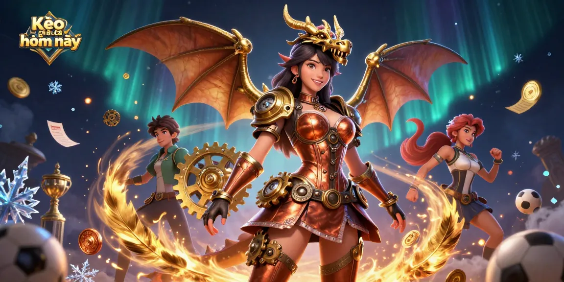 Kèo nhà cái hôm nay sports betting scene featuring a stunning woman and a cartoon dragon amidst dynamic casino elements.