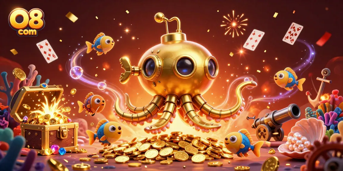 Bet on exciting games at O8 com, highlighting a dynamic 3D casino scene filled with winning symbols.