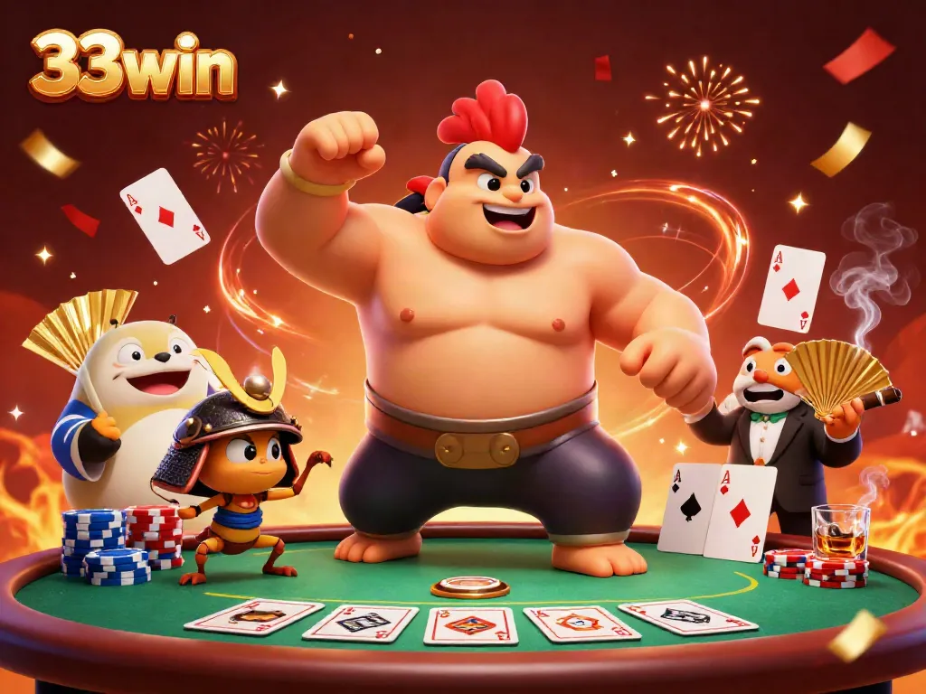 Experience the action at 33win with a fierce sumo wrestler and samurai cricket at a lively poker table.
