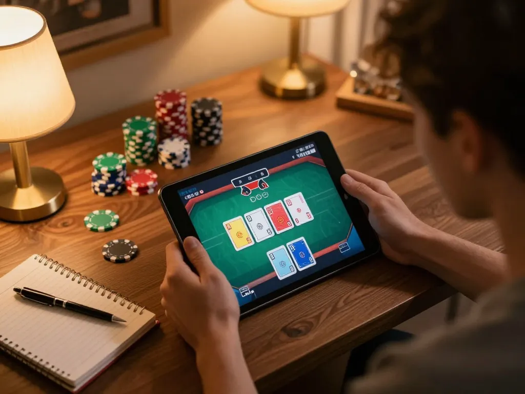 K8CC player engaged in online poker at home, showcasing strategy notes and a cozy atmosphere.