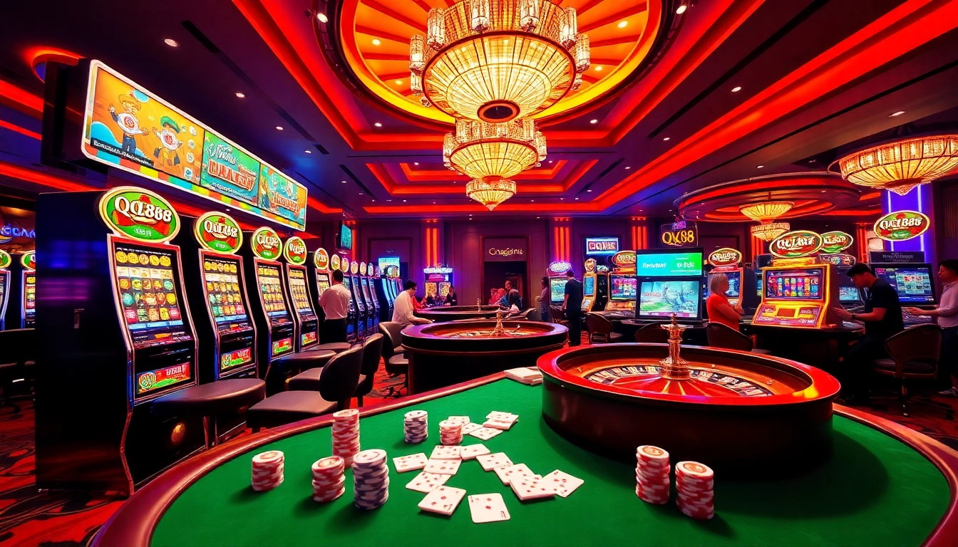 Gamblers enjoying the QQ88 casino experience with vibrant games and excitement.