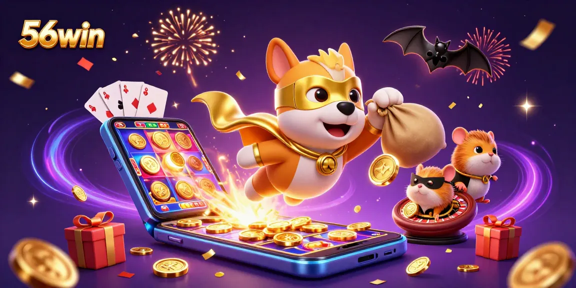 Win big with 56win as our superhero dog and sidekick celebrate casino success!