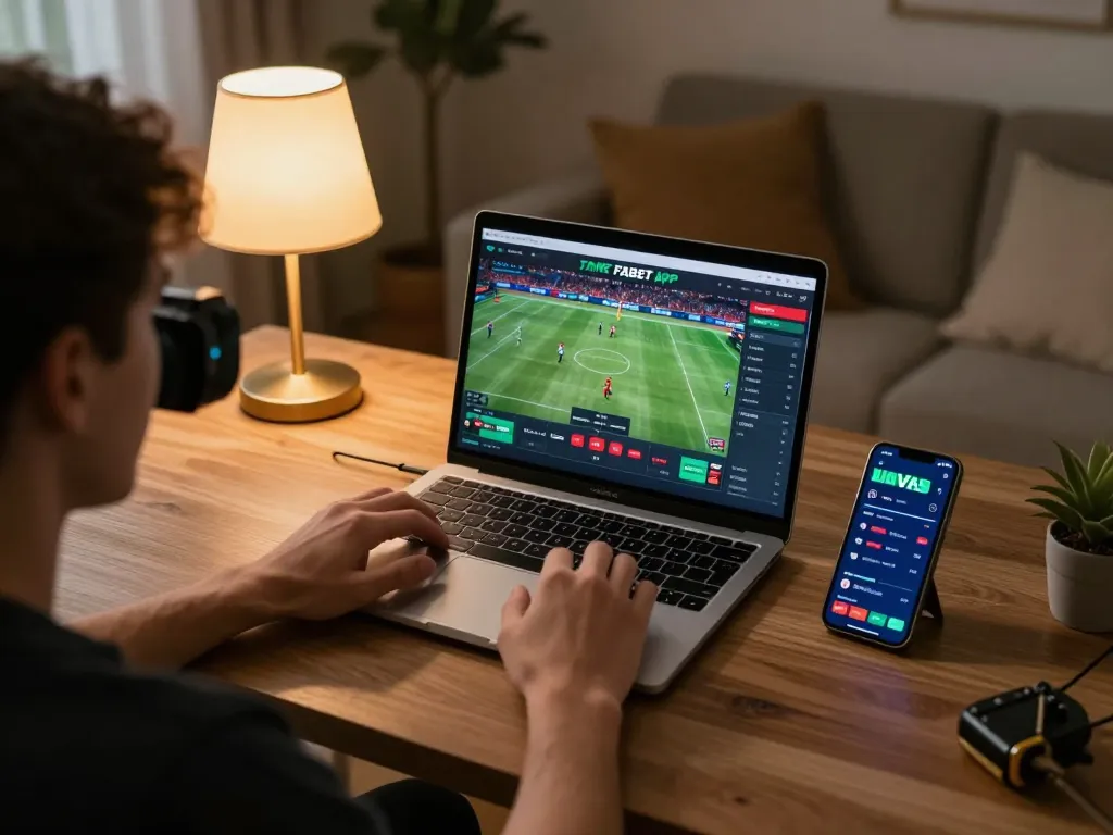 Engaging with FABET app for live betting from a cozy home setup, ensuring a strategic gaming experience.