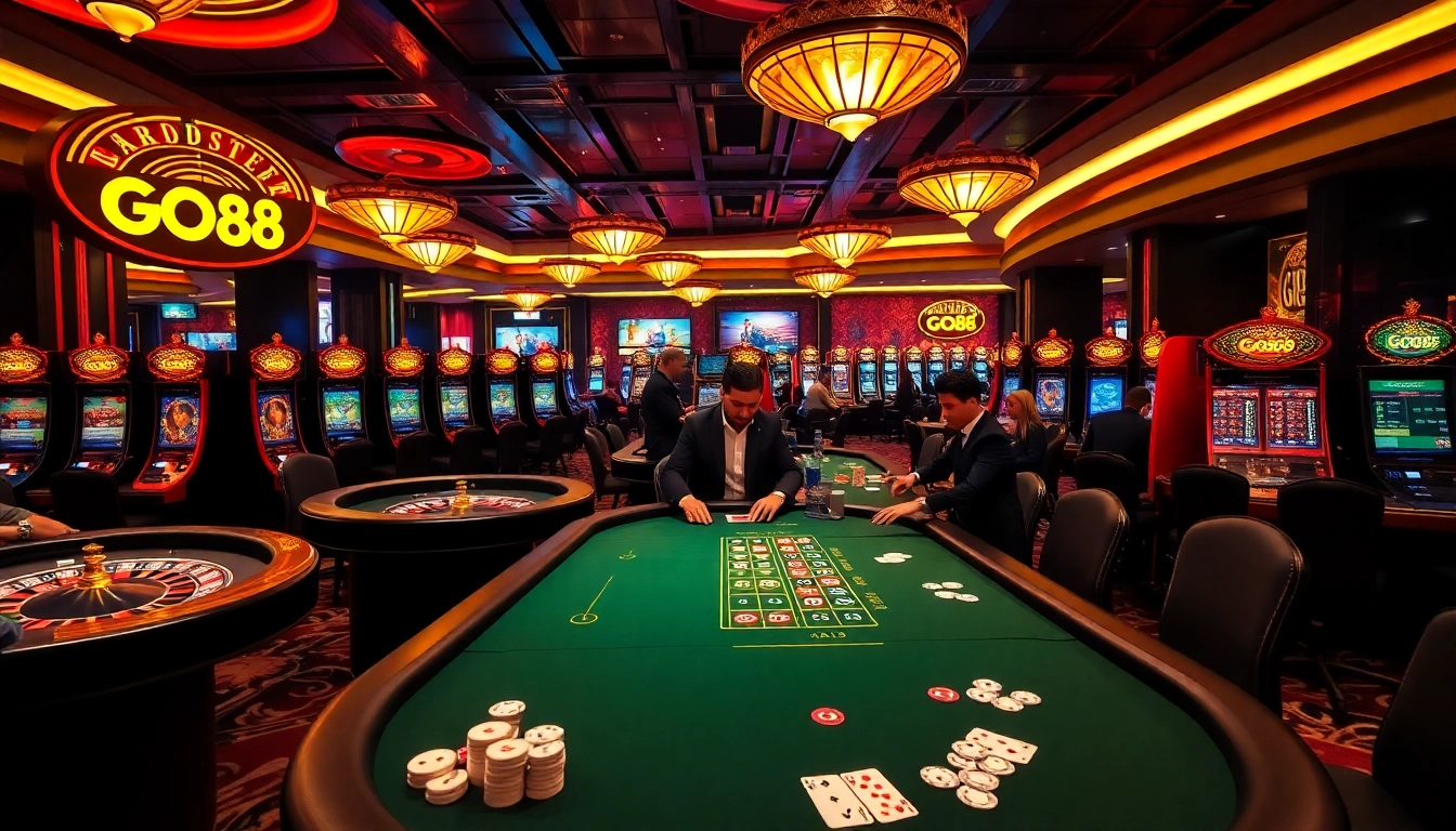 Engaging players at GO88 casino tables amidst vibrant luxury and excitement.