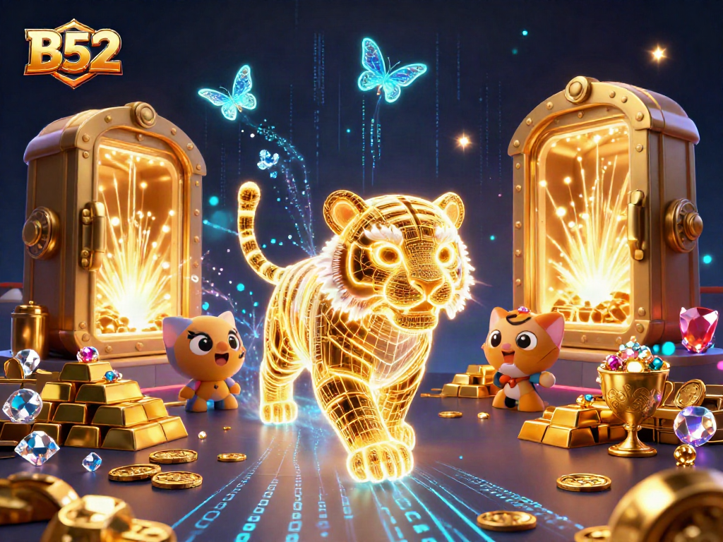 B52 casino action with a golden tiger and treasures illuminating the digital casino landscape.