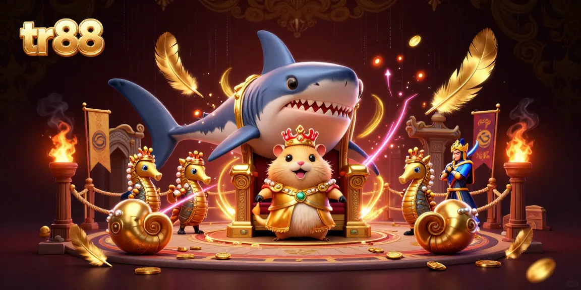Win big at tr88 with a 3D casino scene featuring a golden hamster king and seahorse guards.