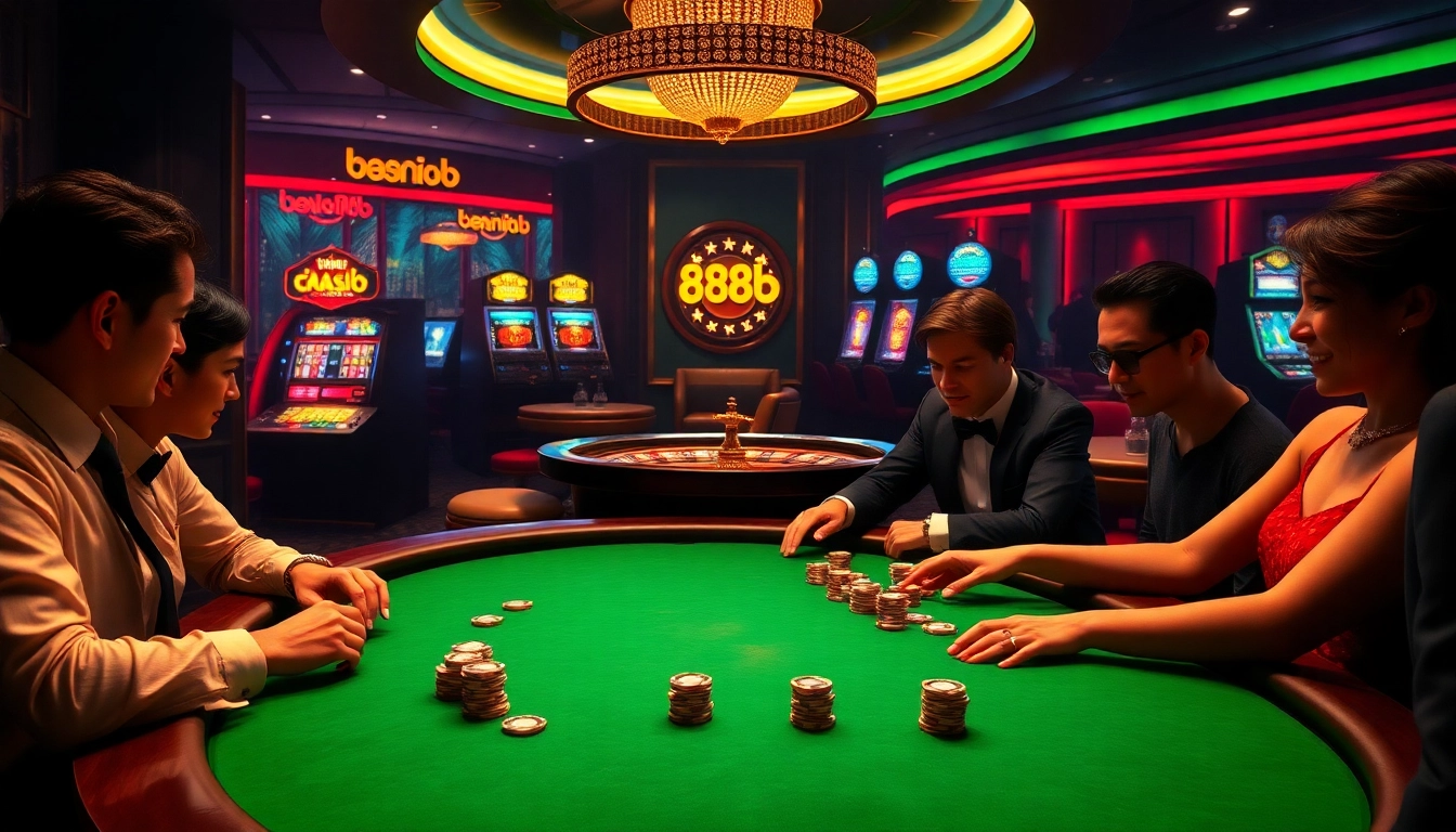 Engaged players enjoying poker at 888b's luxurious casino, with gleaming chips and a roulette wheel.