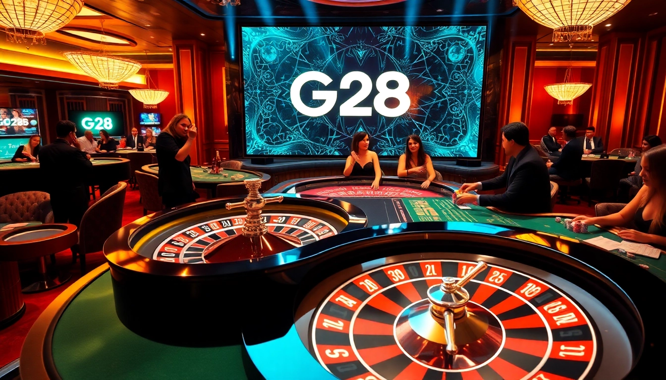 G28 casino scene with roulette wheel and excited players at high-stakes poker tables.