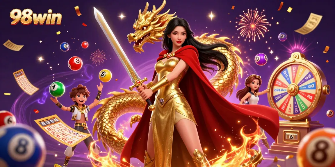 Engage in thrilling gaming with 98win's vibrant online casino illustration featuring dynamic lottery gameplay.