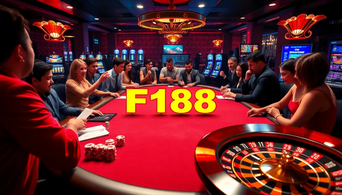 Players engaging at a vibrant F168 poker table in an upscale casino setting.