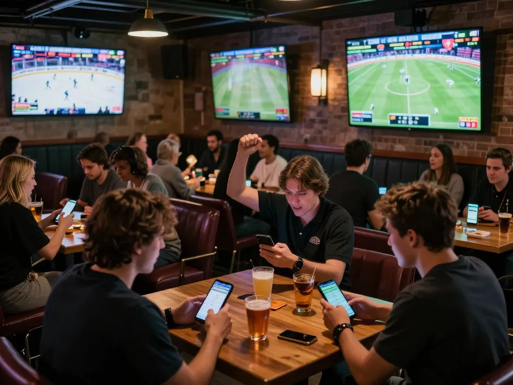 Ok9 users celebrating winning bets while engaging with live sports on mobile devices in a vibrant sports bar atmosphere
