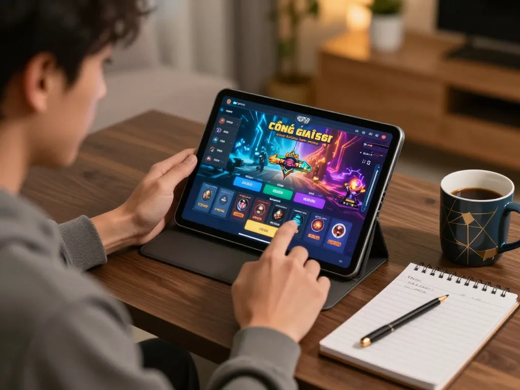 Engaged player using a tablet to enjoy cổng game đổi thưởng in a cozy home setup, showcasing strategic gameplay elements.