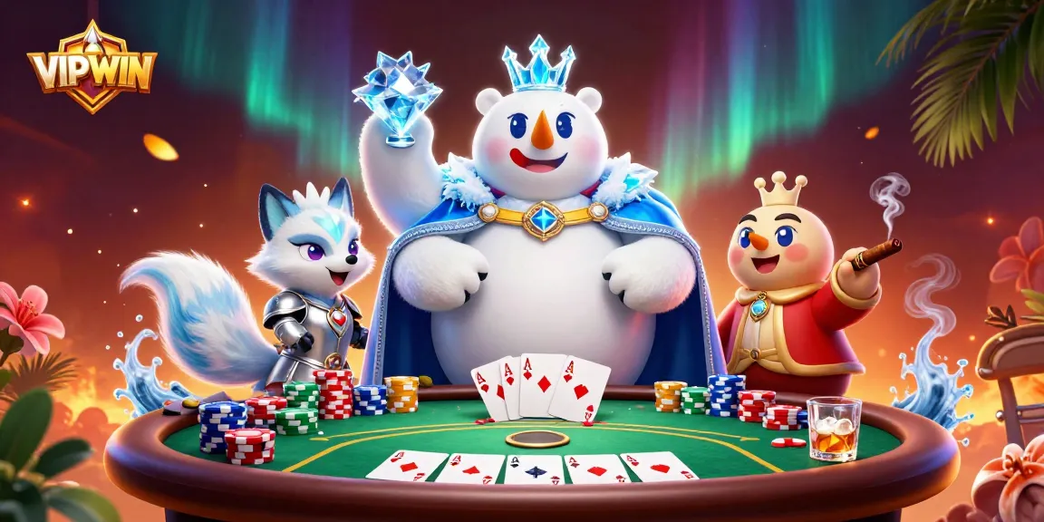Win big at VIPWIN with a lively poker scene featuring adorable characters and vibrant casino elements.