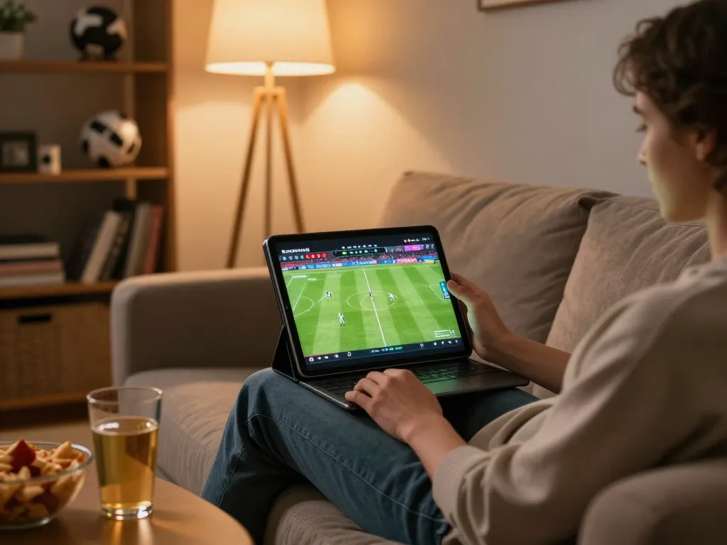 Socolive user actively enjoying a live football match on tablet, showcasing comfortable home setup.