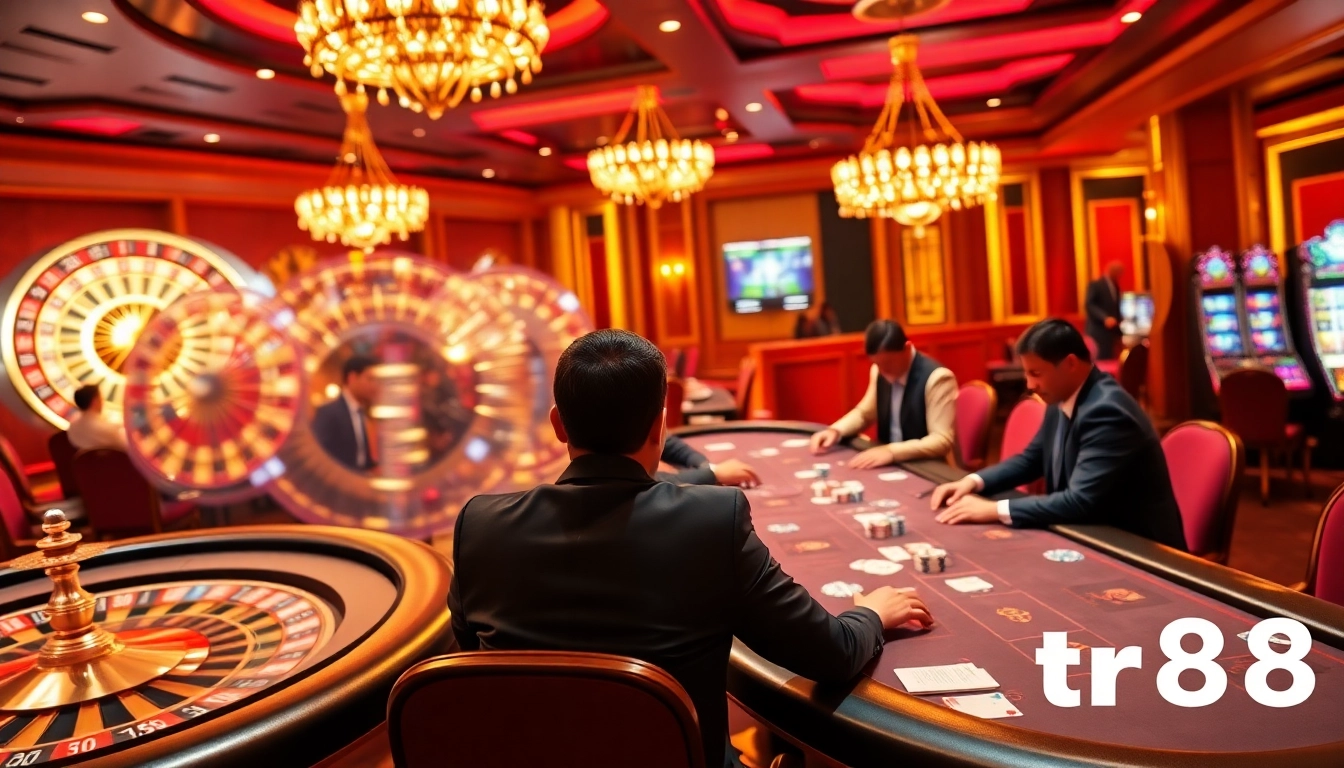 Players enjoying high-stakes poker and roulette at tr88's luxurious casino environment.