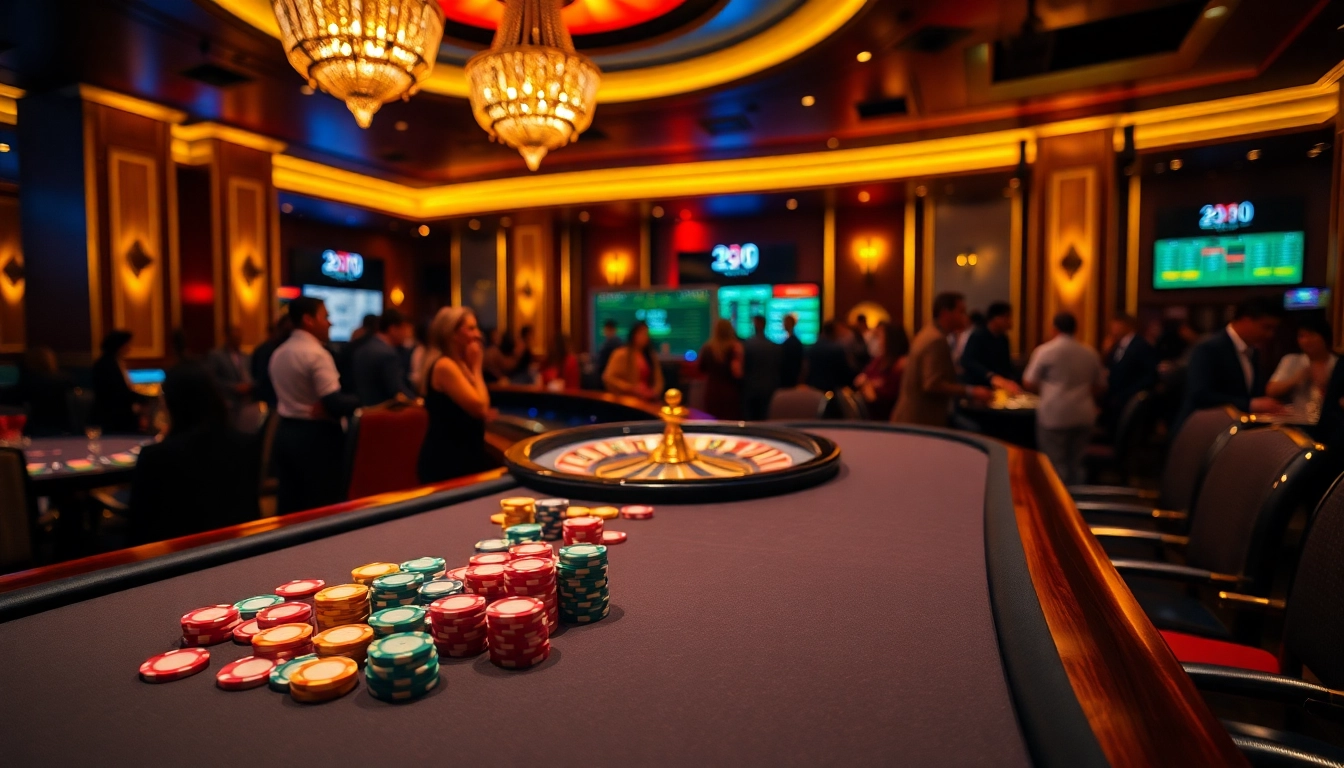 Experience the excitement of online gambling at https://luck8s.live/ with a luxury casino scene showcasing poker and roulette.