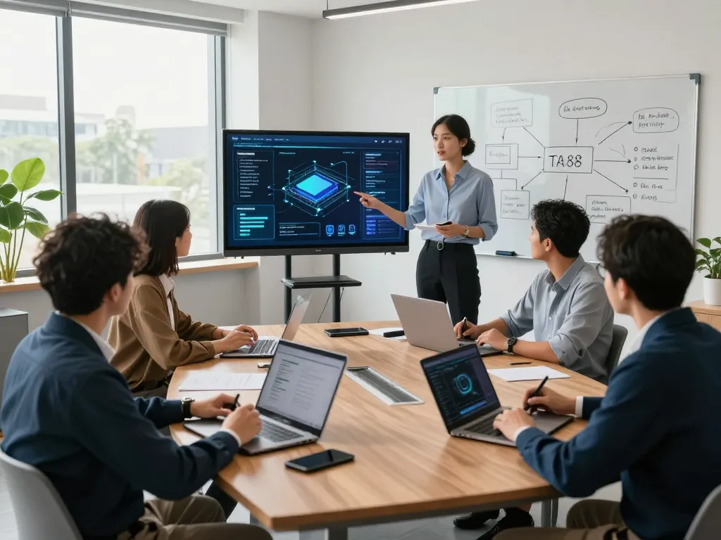 Team presenting the innovative features of TA88 in a bright conference room with digital displays and collaborative tools.