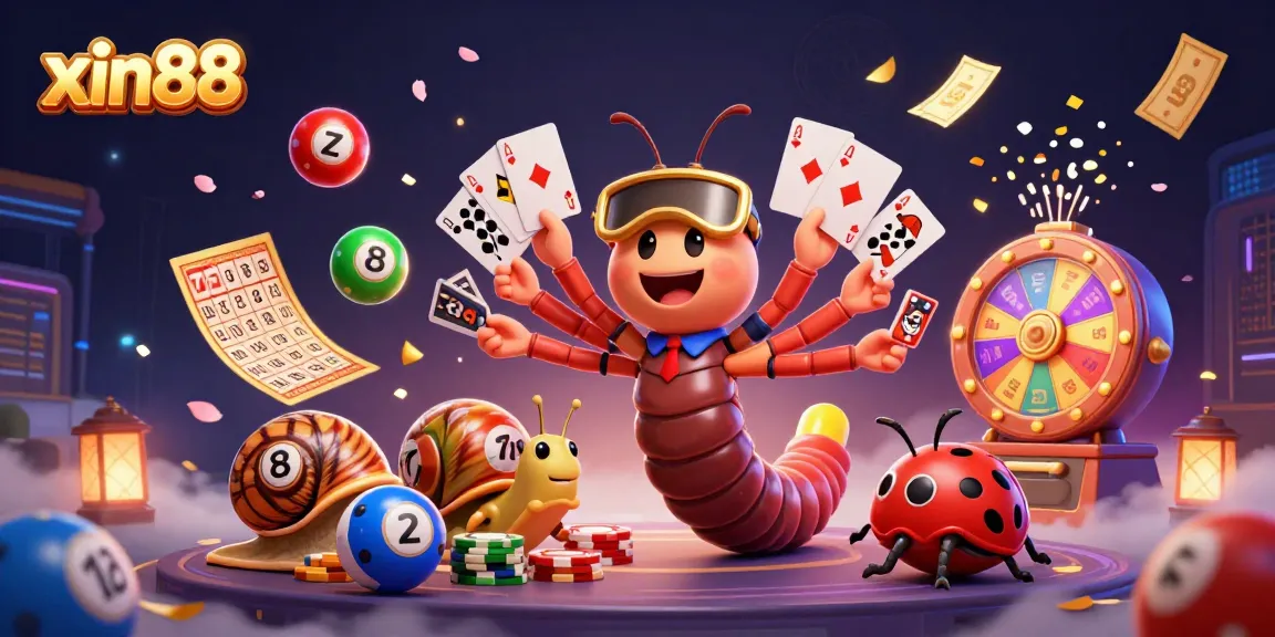 Experience the excitement of xin88 with a vibrant casino scene featuring dynamic characters, cards, and gaming elements.