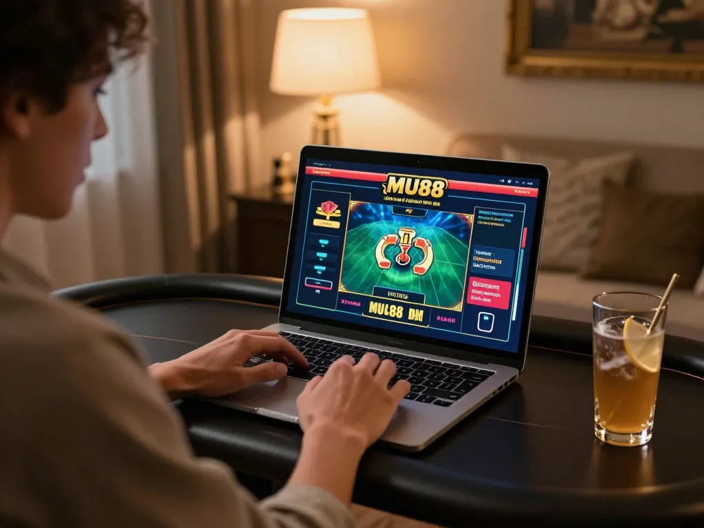 MU88 user engaging with live dealer games on a laptop in a stylish and inviting setting.
